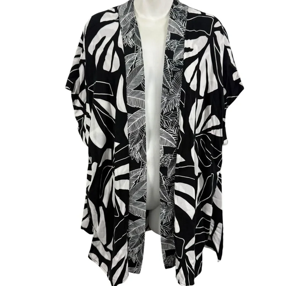 Chicos Printed Boarder Ruana Reversible Womens Open Kimono Jacket Black sz S / M